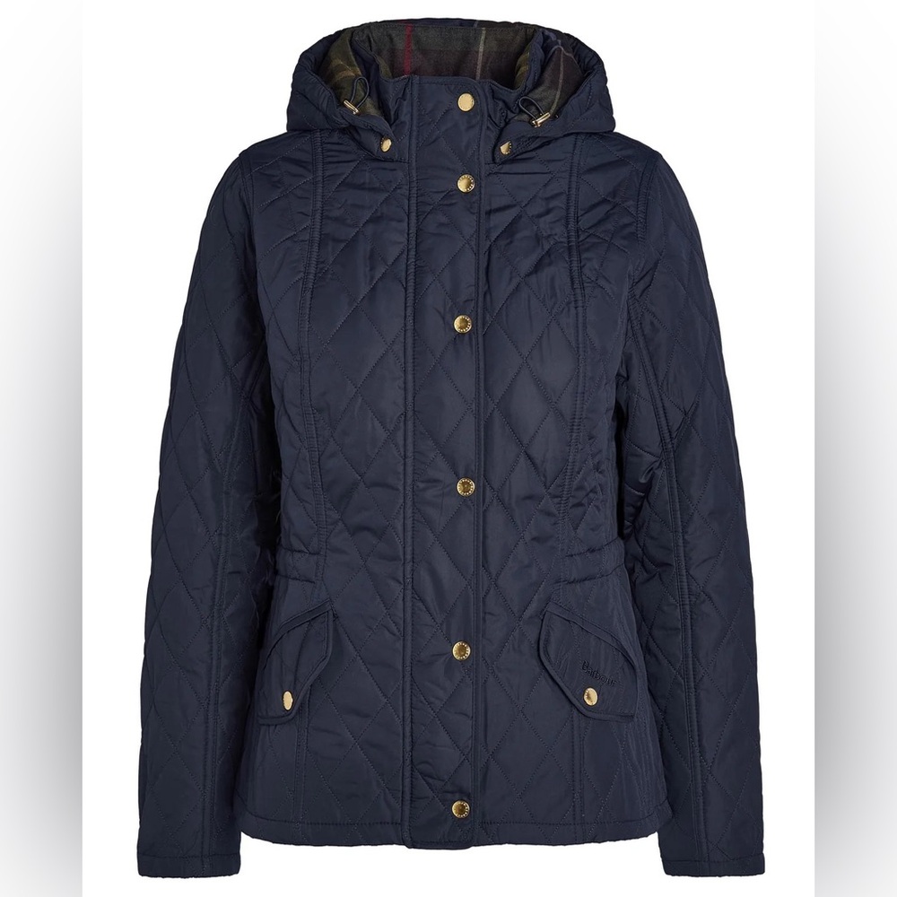 Barbour Millfire Navy Classic Quilted Hooded Puffer Jacket with Gold Hardware
